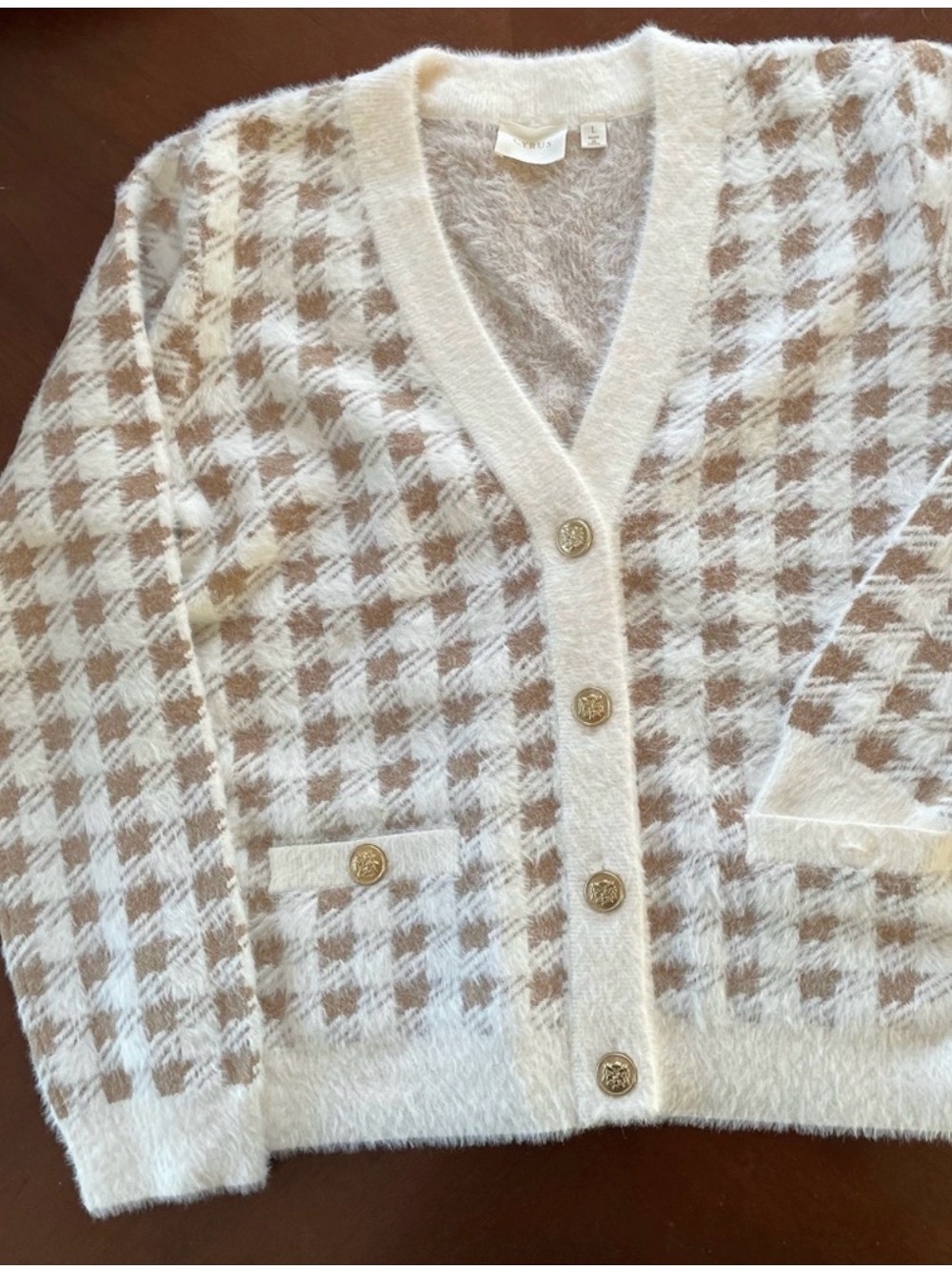 Cyrus Hounds tooth Fuzzy Gold Button Down Cardigan Cream/Tan- Size XS